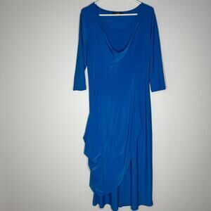 Sympli Shore Solid Bright Blue 3/4 Slv Draped Midi Dress No Wrinkle Size 12 FLAW